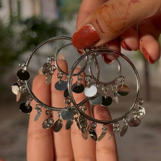 Loop Earrings – Silver Tone Coin Dangle Statement Earrings
