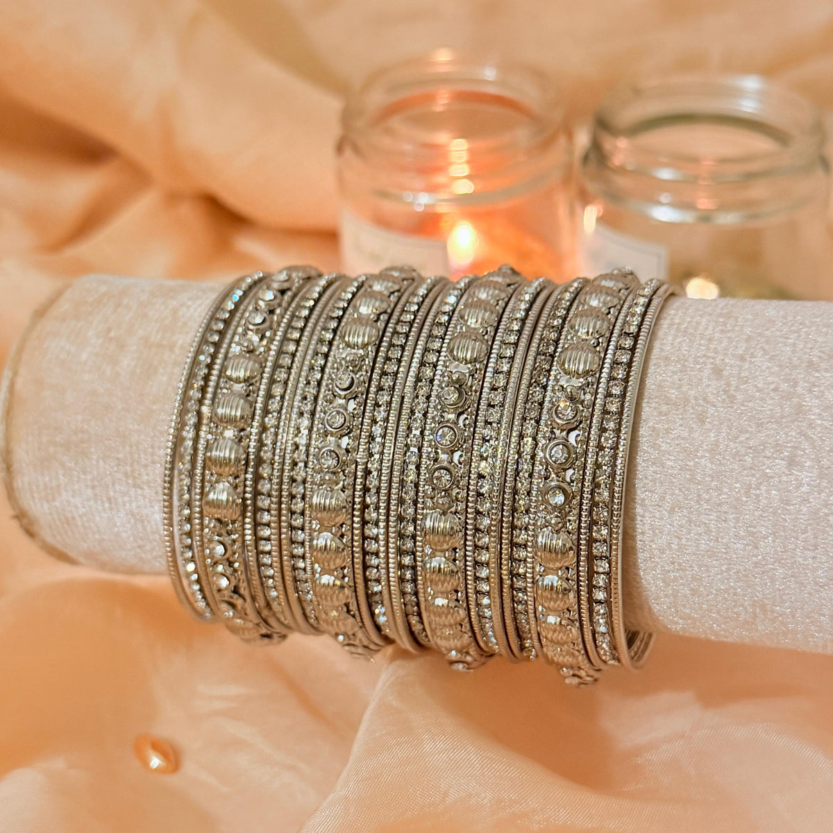 Traditional Silver Crystal Metal Bangles