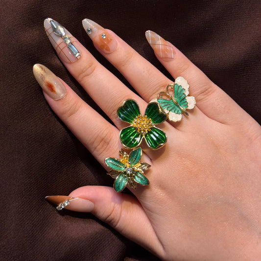 Green Enamel Rings-Adjustable
