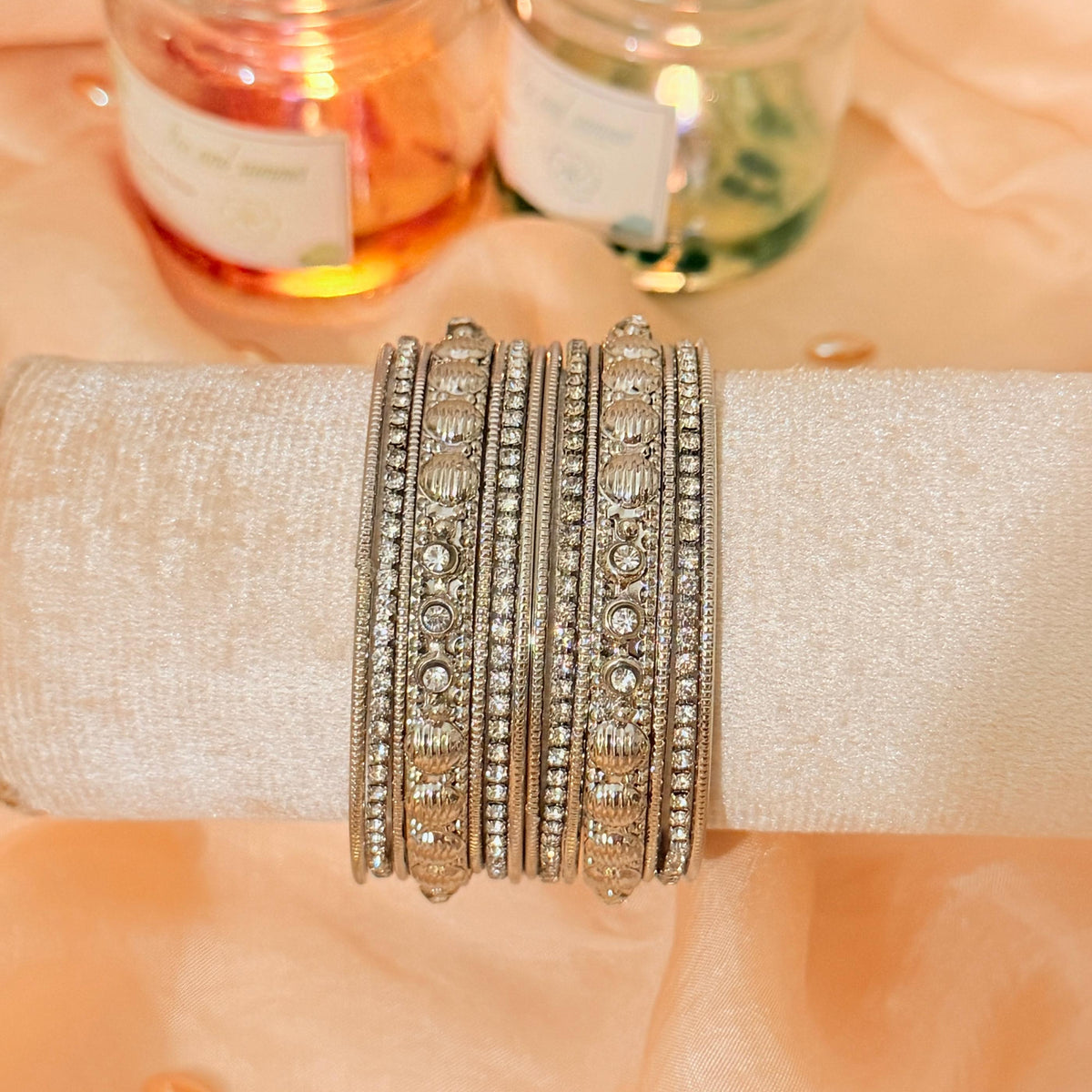 Traditional Silver Crystal Metal Bangles