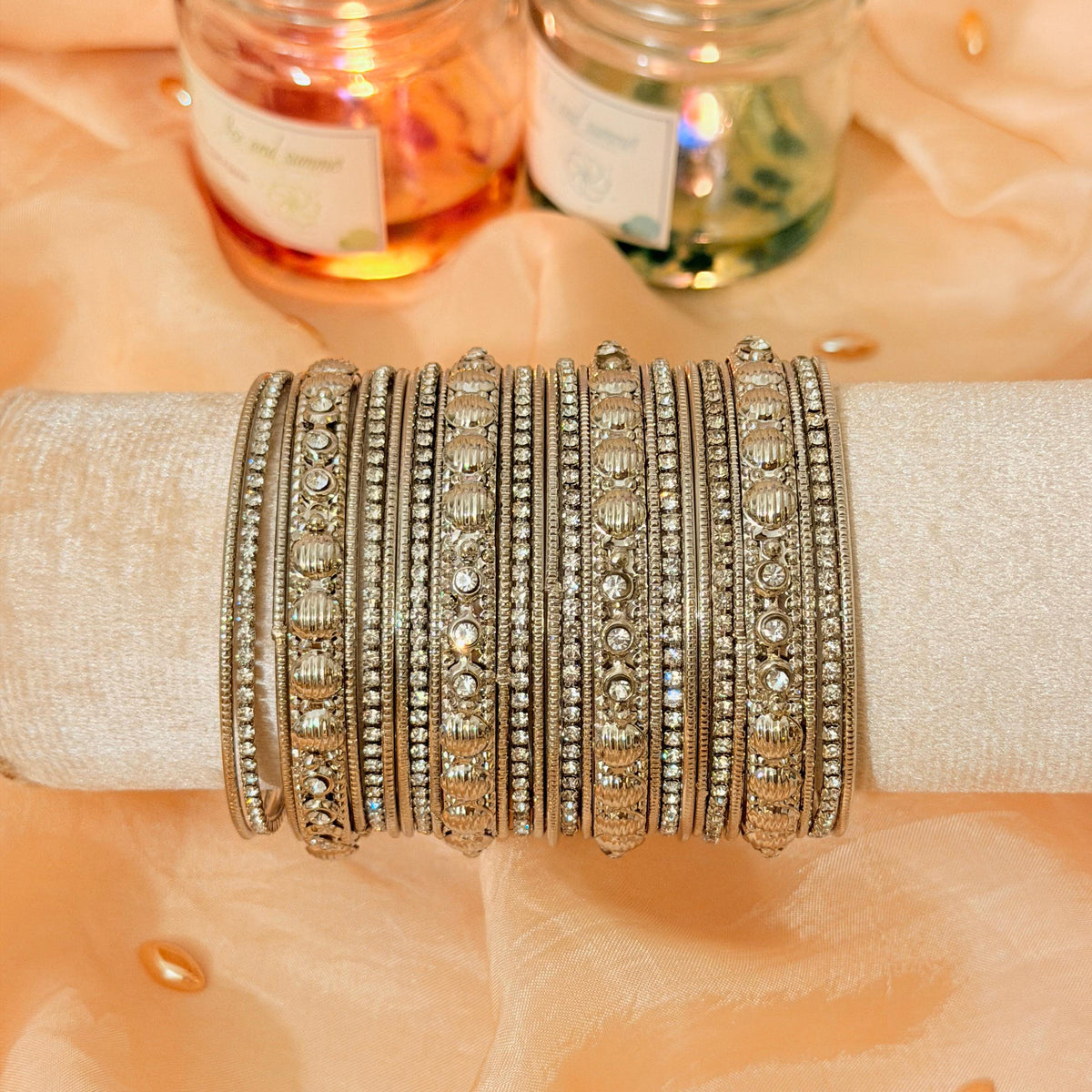 Traditional Silver Crystal Metal Bangles