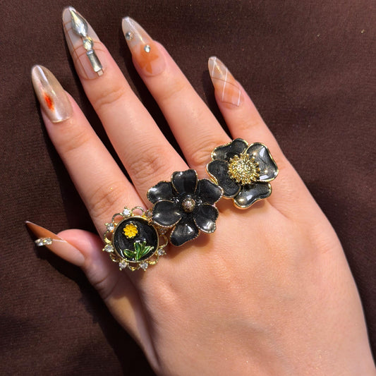 Black Glossy Rings Collection-Adjustable